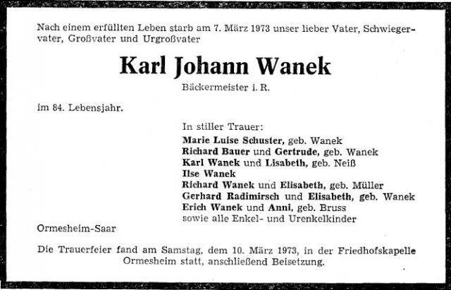 Wanek Karl Johann 1889-1972 Todesanzeige